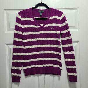 Lauren Ralph Lauren Women's‎ V-Neck Sweater Purple White Stripes Small